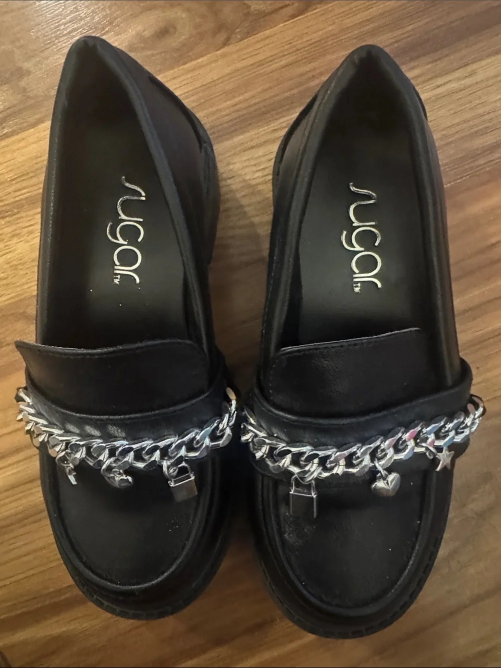 Sugar Black Kids Loafers with Silver Charm Chain